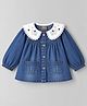 Little Kangaroos Denim Knit Frock with Full Sleeves and Floral Embroidery in Light/Sky Blue
