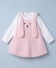 Little Kangaroos Fur Knit Winter Frock with Inner Tee Full Sleeves and Rabbit Applique in Pink