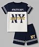 CUCUMBER Sinker Knit Half Sleeves Varsity Printed T-Shirt & Shorts Set - Navy