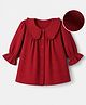 Pine Kids Woven Full Sleeves and Frill Cuffs Solid Colour Top with Peter Pan Collar - Maroon