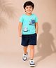 Nino Togs Cotton Lycra Knit Half Sleeves Pigs Printed Tee & Shorts Set - Sea Green & Navy Blue