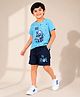 Nino Togs Cotton Lycra Knit Half Sleeves Hi 5 Text Printed Tee & Shorts Set - Sky Blue & Navy Blue