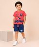 Nino Togs Cotton Lycra Knit Half Sleeves Happiness Comes In Waves Text & Sea Life Printed Tee & Shorts Set - Peach & Navy Blue