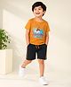 Nino Togs Cotton Lycra Knit Half Sleeves Its Holiday Time Text Printed Tee & Shorts Set - Orange & Black