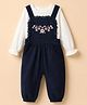 Babyoye 100% Cotton Woven Full Sleeves Dungaree and Tee with Full Length and Floral Embroidery in White Navy Blue