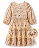 Hola Bonita Knit Three Fourth Sleeves Sequinned Party Dress With Glitter Mesh Frill Detailing & Belt - Golden