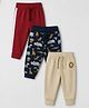 Babyhug Cotton Jersey Knit Full Length Track Pants WIth Animal Print Pack of 3 - Beige Navy Blue & Red