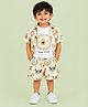 CANDY HOUSE Cotton Woven Half Sleeves Animals Printed Coordinating Shirt & Shorts Set With Lion Printed Tee - Cream