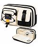 MANAKI ENTERPRISE Multi-Compartment Pencil Pouch Large Capacity Pen Case with Zipper & Buckle Pocket, Durable Canvas Stationery Organizer, Stylish Storage Case - Cream White & Black