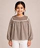 Aww Hunnie Cotton Woven Full Puffed Sleeves Striped & Ric Rac Lace Embellished Top - Brown