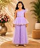 Elaisha Net Woven Flutter Sleeves Gota Lace Embellished Thread Work & Frill Detailed Top & Palazzo Set - Purple