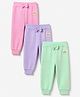 Babyhug Cotton Knit Full Length Lounge Pants with Rainbow Patch and Bow Applique Pack of 3 - Green Purple Pink