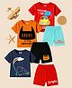 Kuchipoo Knit Half Sleeves T-Shirt & Shorts Set with Vehicles Dinosaur And Typography Print Pack of 3 - Navy Blue Red &  Orange
