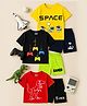 Kuchipoo Knit Half Sleeves Space Text & Dinosaur Printed T-Shirt & Shorts Set Pack of 3 - Red Black & Yellow
