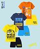 KUCHIPOO Knit Half Sleeves Bus Tiger & Text Printed T-Shirts & Shorts Pack Of 3 - Orange Yellow & Blue