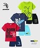 Kuchipoo Knit Half Sleeves Skeleton Text & Vehicles Printed T-Shirt & Shorts Set Pack of 3 - Red Navy & Neon Green