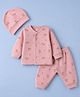 I Bears Fleece Knit Full Sleeves Bear Printed Co-Ords Winter Wear Set With Cap - Light Pink