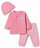I Bears Sinker Knit Full Sleeves Striped & Elephant Printed T-Shirt & Lounge Pant Night Suit with Cap - Pink