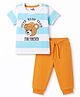 Doodle Poodle 100% Cotton Knit Half Sleeves Striped & Bear Printed T-Shirt & Trouser Set - White & Orange