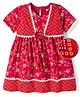 EARTHY TOUCH Cotton Knit Half Sleeves Floral Printed Ethnic Dress with Attached Jacket - Red