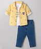 WOW Sinker Knit Full Sleeves Bear Printed Shirt & Pant With Inner Tee - Yellow & Blue