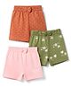 Babyhug 100% Cotton Jersey Knit Mid Thigh Floral Polka Dots & Text Printed Shorts With Bow Applique Pack Of 3 - Pink Orange Green