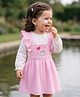 Babyhug Cotton Knit Frock with Inner Tee with Full Sleeves and Bear Patch & Text Embroidery in Pink