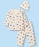 Simply Interlock Knit Full Sleeves  Co-Ords Animal Printed T-Shirt & Pyjama Night Suit with Cap - Cream