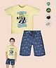 TRESNOVA Cotton Knit Half Sleeves Fruits Crusher Text Printed Tee & Shorts Night Suit - Yellow & Navy Blue