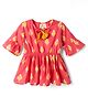 The Magic Wand Cotton Woven Three Fourth Sleeves Ikat Printed Gathered Top With Tassels- Coral