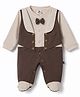 Mini Taurus Knit Full Sleeves Self Striped Footed Party Romper with Attached Bow - Light Brown