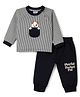 Mini Taurus Looper Knit Full Raglan Sleeves Striped & Puppy Embroidered T-Shirt & Jogger Set -Charcoal Grey