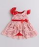 Many frocks & Net Woven Frill Sleeves Bow Applique Detailed Dress- Peach & Red