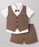 Mini Taurus Sinker Knit Half sleeves Skate Board Printed Party Suit With Waist Coat & Bow Applique - Light Brown