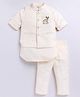 LITTLE COLLARS Jacquard Woven Full Sleeves Solid Kurta & Pyjama Set With Sequins Embellished Animal Designed Jacket - Cream