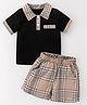 tior Woven Half Sleeves Placement Plaid Checked Polo Tee & Shorts Set - Black