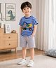 tior Cotton Woven Half Sleeves Striped & Construction Vehicle Printed Tee & Shorts Set - Blue