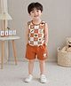 tior Cotton Woven Sleeveless Checked Red Panda Printed Tee & Shorts Set - Brown