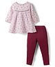 Simply Premium Twill Woven Knit Full Sleeves Floral Printed Frock with Legging - Pink