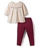 Simply Premium Twill Woven Knit Full Sleeves Floral Printed Frock with Legging - Cream