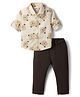 Simply Premium Twill Woven Full Sleeves Bear Printed Shirt and Jeans Set - Cream & Brown