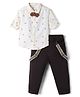 Simply Premium Twill Woven Full Sleeves Bear Printed Party Wear Shirt and Pant Set with Bow & Suspenders - Beige