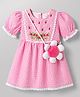 Babyhug Woven Half Sleeves Floral Embroidered & Checked Frock With Floral Applique & Lace Detailing - Pink
