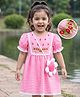 Babyhug Woven Half Sleeves Floral Embroidered & Checked Frock With Floral Applique & Lace Detailing - Pink