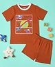 Be Awara Cotton Knit Half Sleeves Space Theme Printed Tee & Shorts Set - Brown
