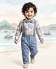 Toffyhouse Poplin Woven Full Sleeves Shirt and Bottom Set With Suspender Bow & Floral Print in Blue