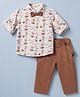 Toffyhouse Woven Full Sleeve Shirt and Pant Set Bear Print With Bow & Suspender - Brown