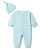 Bonfino 100% Cotton Knit Waffle Full Sleeves Romper With Polka Dot Print & Cap - Light Blue