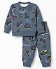 Smarty Boys Fleece Knit Full Sleeves Winter Wear Co-Ords Suit With Text & Vehicle Print - Teal Blue