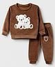 Little Darlings Velvet Knit Full Sleeves Winter Wear Suits with Bear Applique - Tan